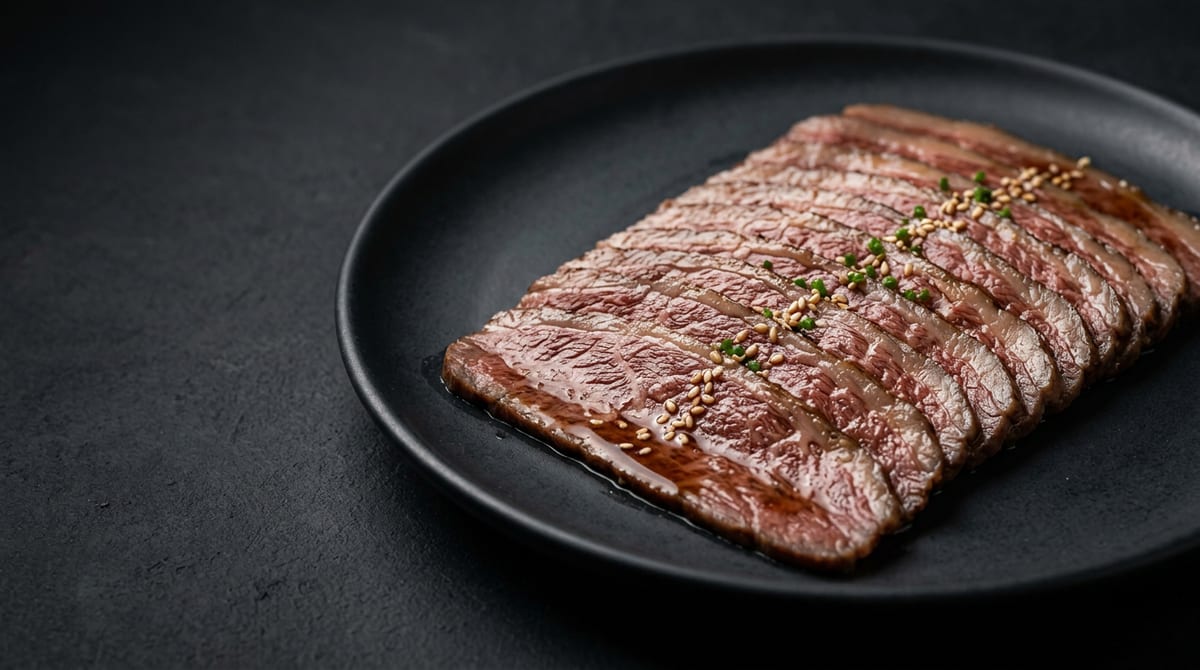 Thinly sliced caramelized beef representing Asian markets