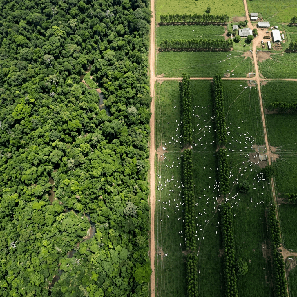 Split drone view: Amazon Rainforest vs High-Tech Cattle Pasture