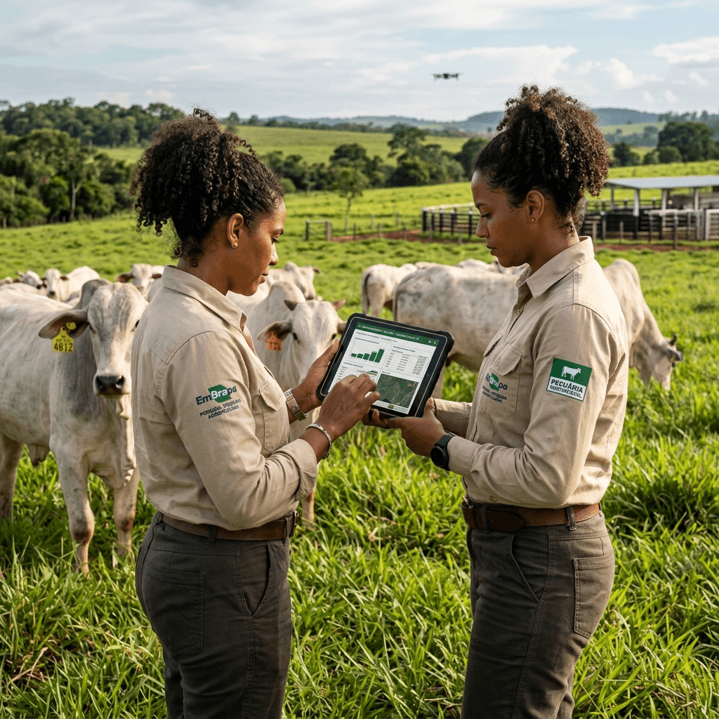 Ranch inspector checking Nelore cattle with a tablet