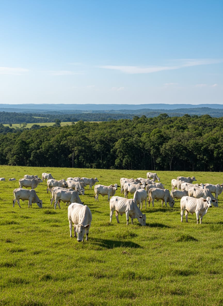 Rebanho em pasto com remanescente de mata nativa ao fundo