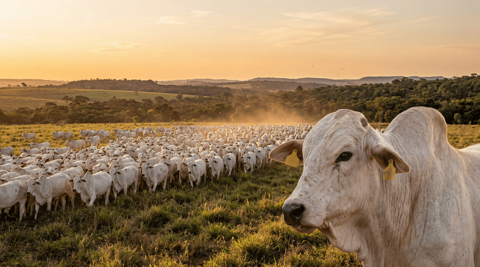 Nelore cattle herd grazing in a wide green pasture under golden sunset